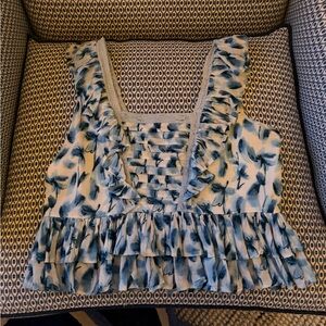 Allison New York Blue Floral Ruffle Sleeveless Top